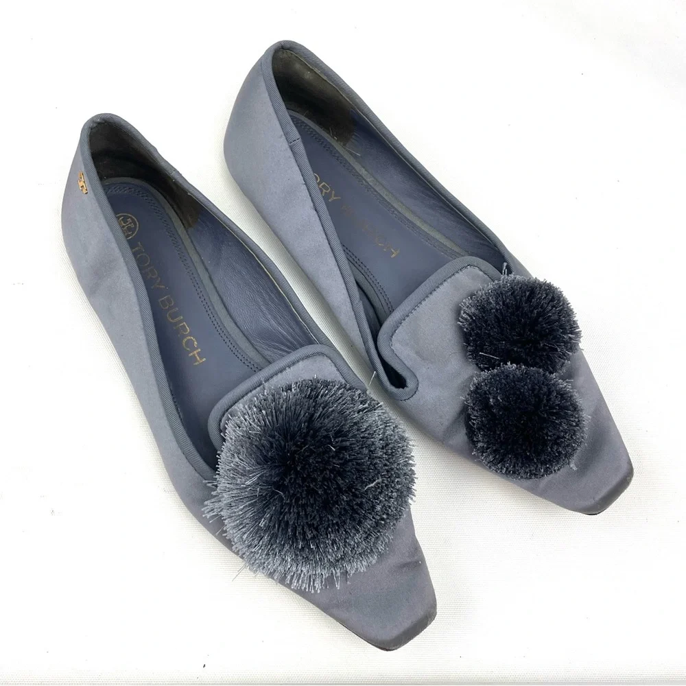 Tory Burch Slate Gray Satin Pom-Pom Loafers